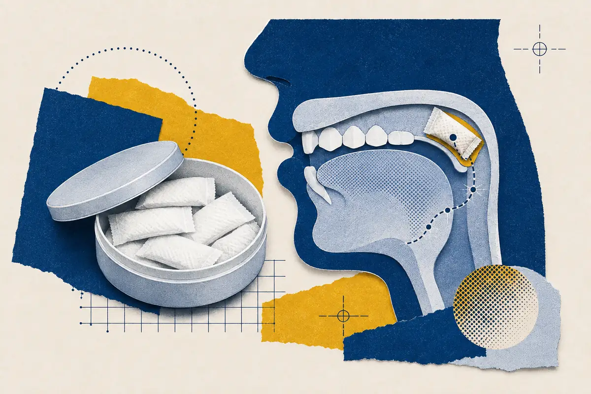Cut-paper illustration of an open nicotine-pouch can beside a cross-section showing placement under the upper lip.
