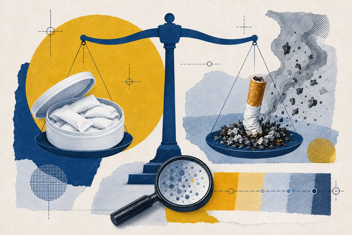 Cut-paper comparison of nicotine pouches and an extinguished cigarette on a balance scale.
