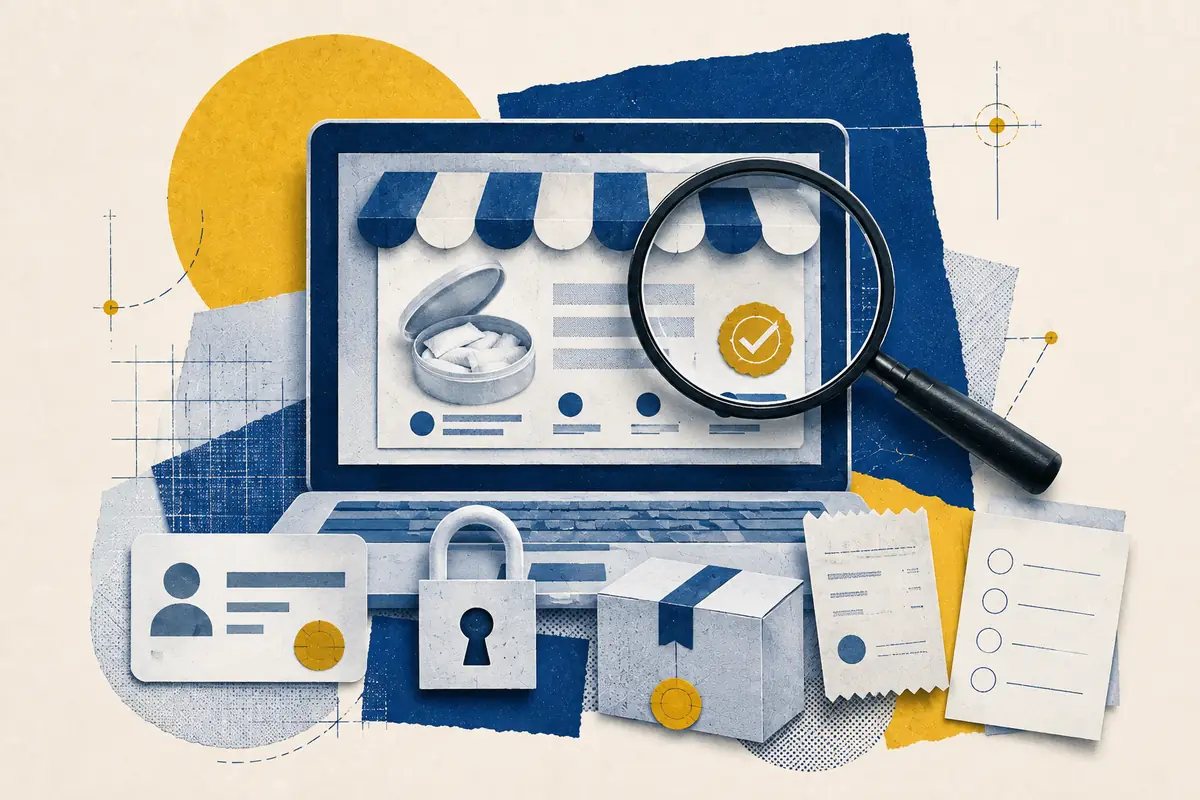 Online storefront under a magnifying glass with identity, security, payment and parcel checks.