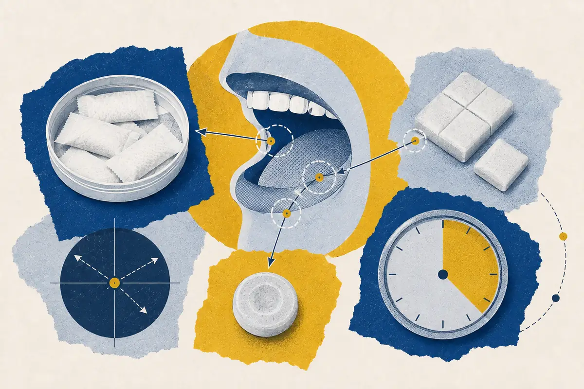 Nicotine pouch, gum and lozenge arranged around an oral-delivery diagram and clock.