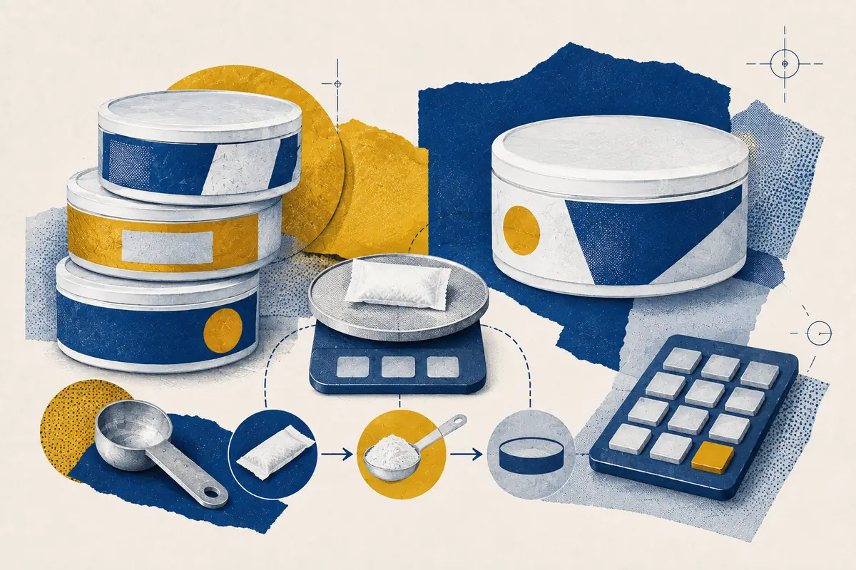 Unbranded cans, pouch scale, measuring scoop and calculator illustrating strength comparisons.