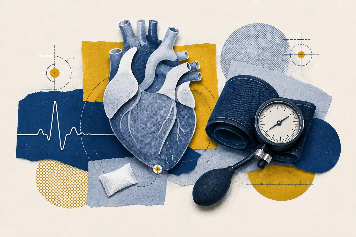 Anatomical heart, pulse trace and blood-pressure cuff connected to a nicotine pouch.