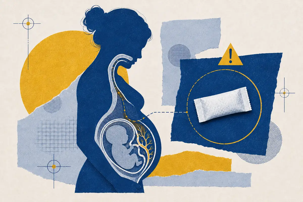 Pregnant silhouette and placental pathway beside a nicotine pouch within a caution boundary.