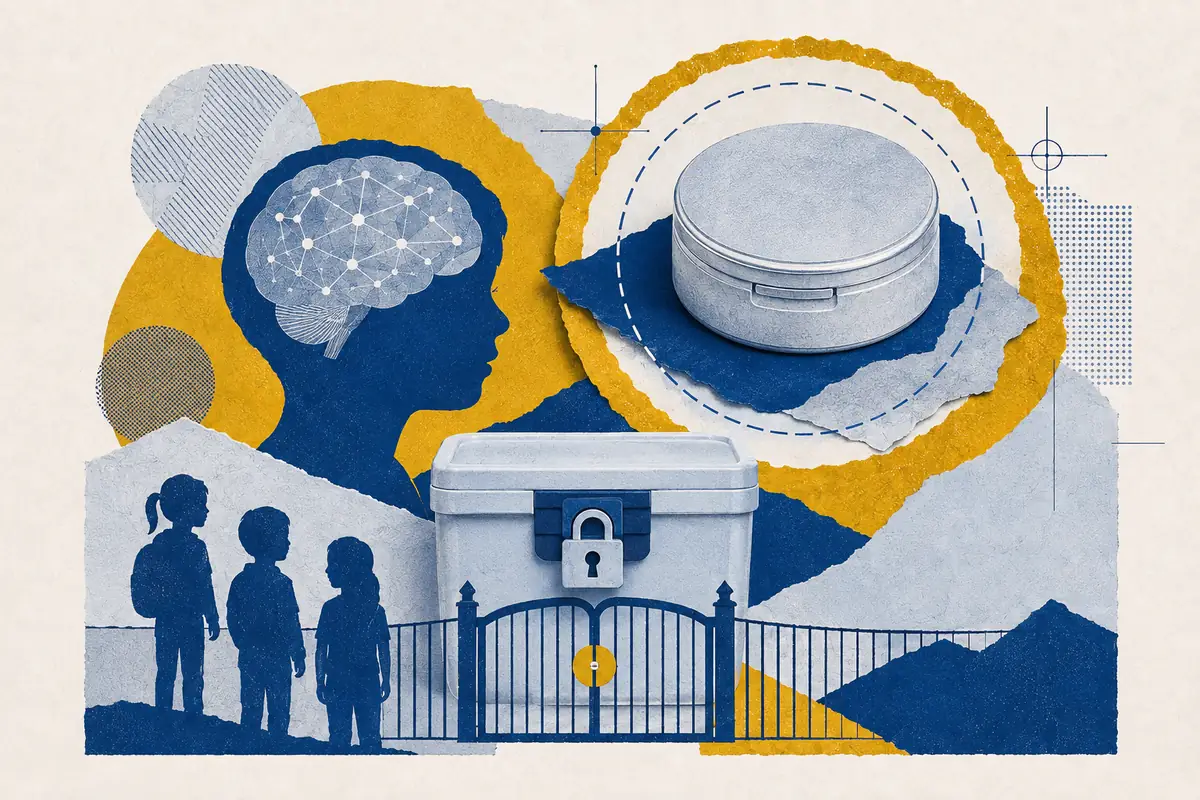Young silhouettes, a developing-brain motif and a locked container separating them from nicotine pouches.