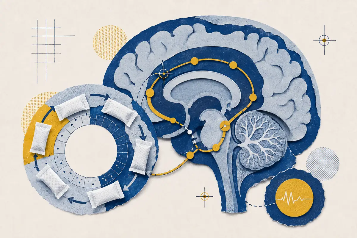 Brain reward pathway connected to a repeating circular pattern of nicotine pouches.