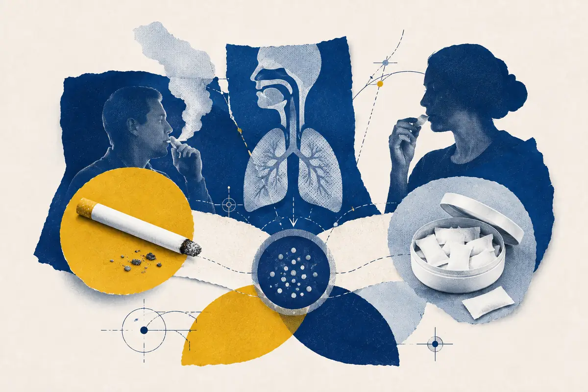 Cigarette and nicotine-pouch pathways converging around lungs and systemic nicotine exposure.