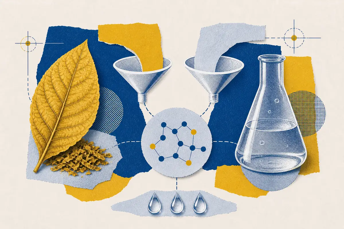 Tobacco leaf and laboratory flask filtered toward a shared molecular pattern.