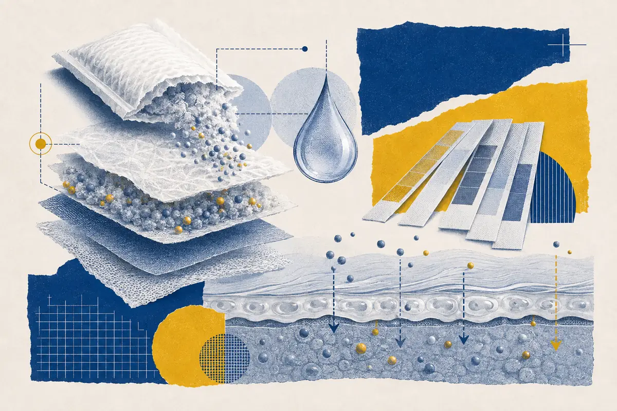 Exploded pouch layers, moisture droplet, indicator strips and particles crossing oral tissue.