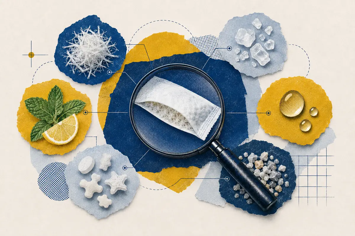 Opened pouch under a magnifying glass surrounded by fibres, crystals, droplets and botanicals.