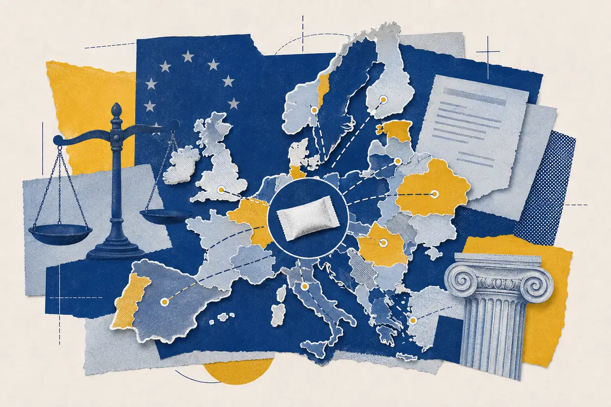 Map of Europe layered with legal documents, scales and national regulatory paths.