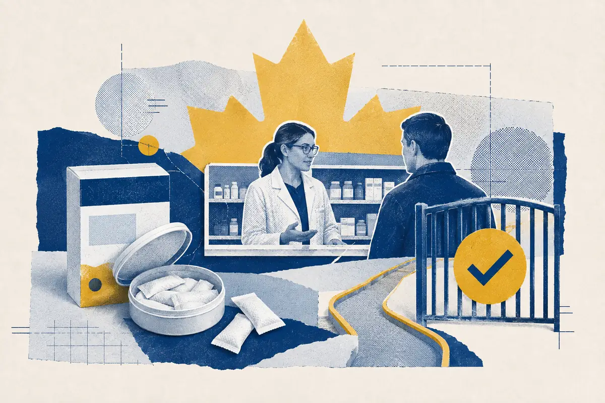 Canadian pharmacy scene with medicine packaging, nicotine pouches and a controlled access gate.