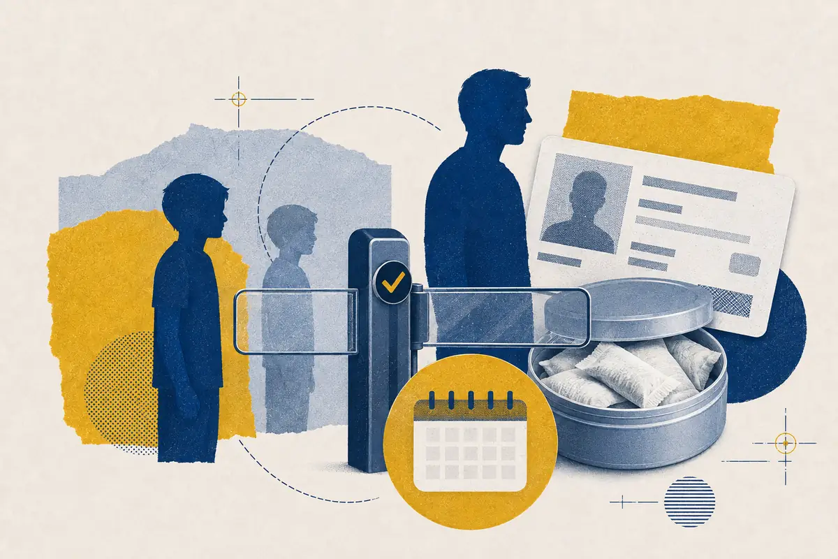 Adult identity check separating younger silhouettes from a nicotine-pouch container.