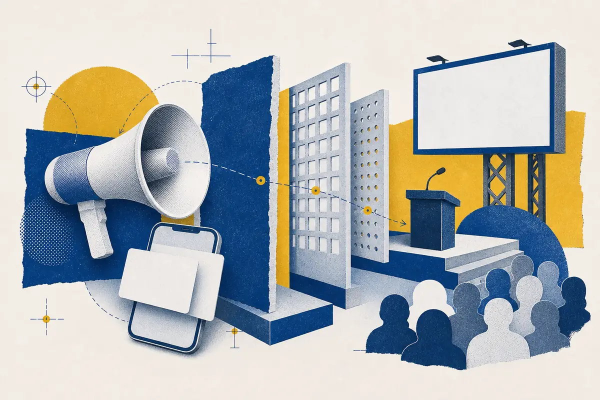 Megaphone, phone, billboard and event audience separated by advertising-control barriers.