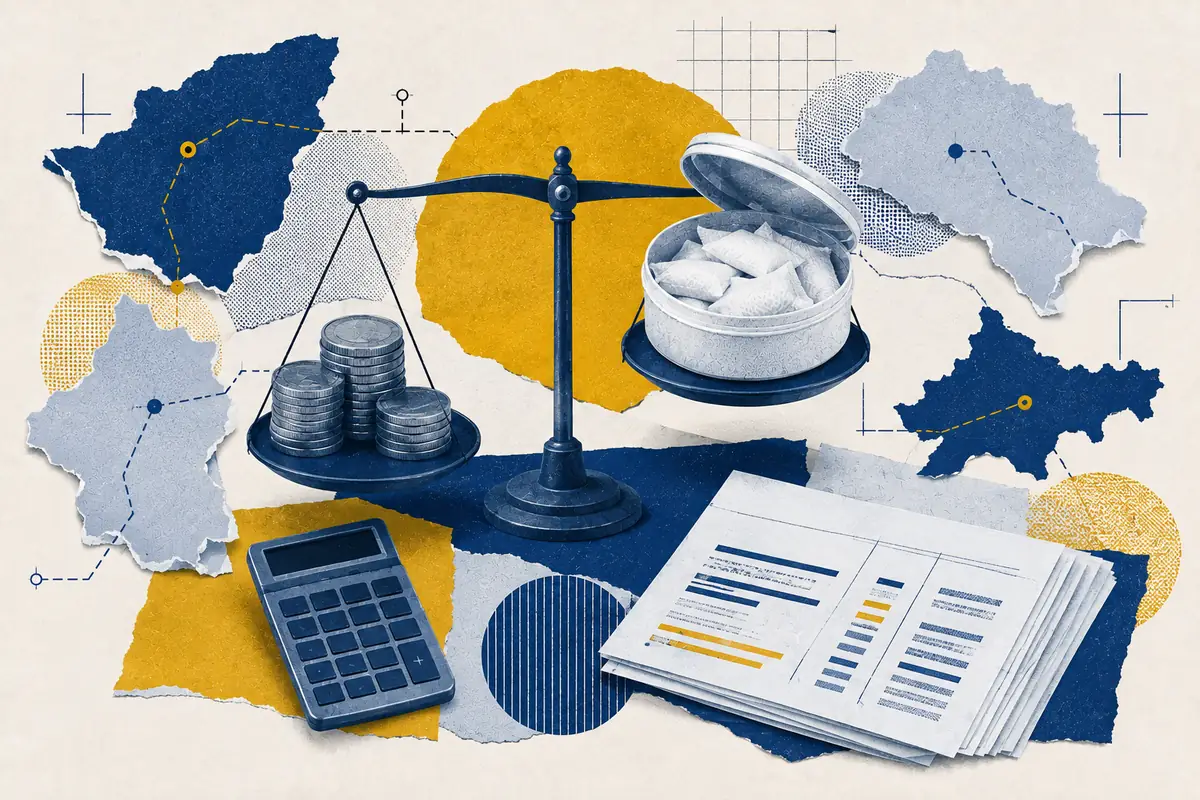Coins and a nicotine-pouch can balanced above a tax ledger, calculator and map fragments.