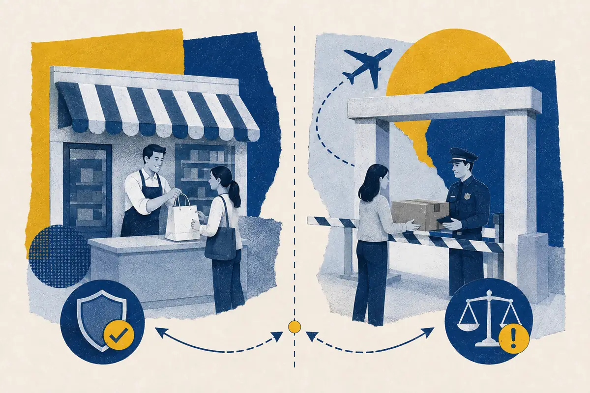 Domestic shop purchase contrasted with a parcel crossing a customs checkpoint.