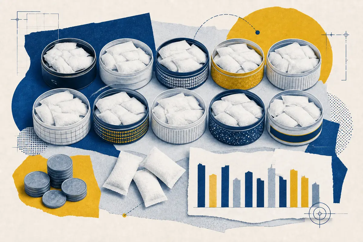 Ten unbranded nicotine-pouch cans, coins and a neutral per-pouch price chart.