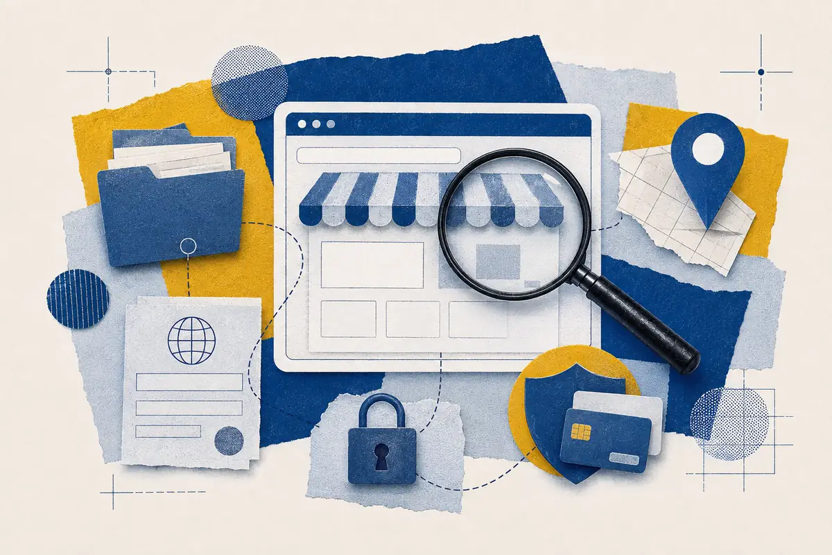 Online storefront under a magnifying glass with registry, location, security and payment records.