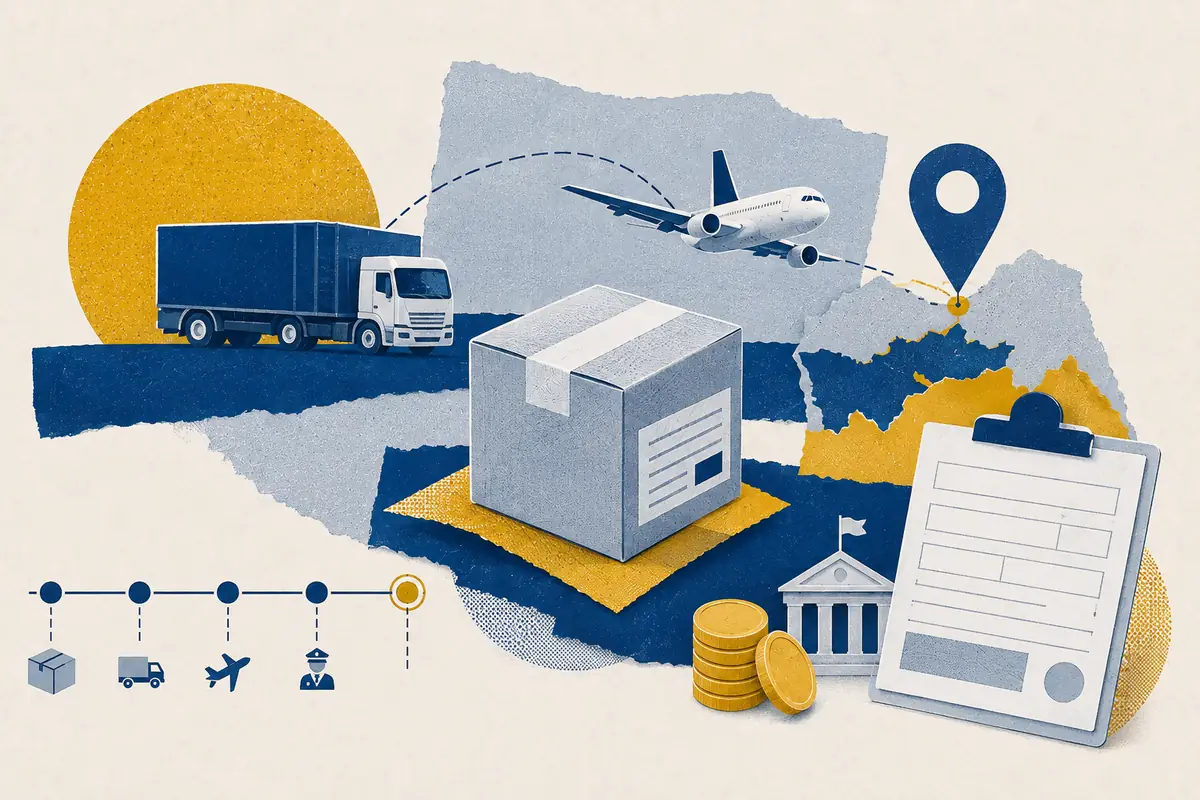 Parcel route moving by truck and air through customs, tracking and duty information.