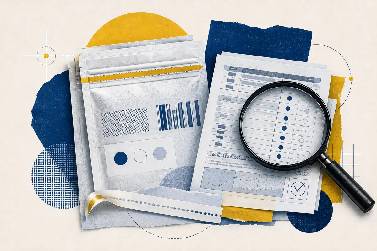 Sealed pouch packaging and batch records examined through a magnifying glass.