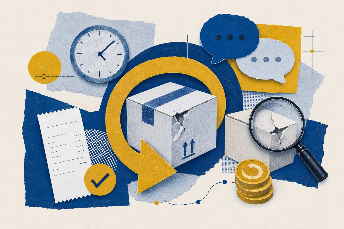 Damaged parcel looping through return, complaint, inspection and refund steps.