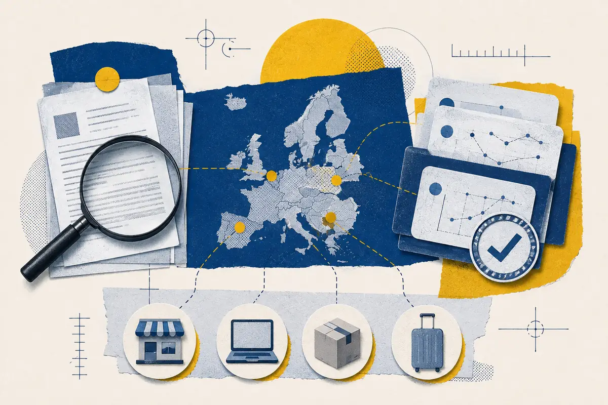 European research board connecting official sources, evidence cards and four access routes.